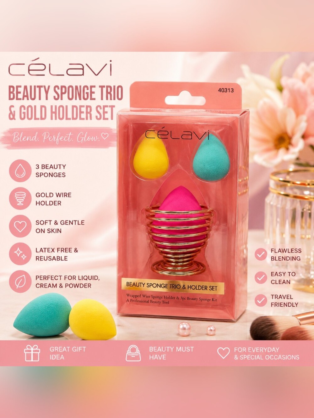 Celavi Beauty Sponge Trio & Gold Holder Set NWT Makeup Blender‎ Set